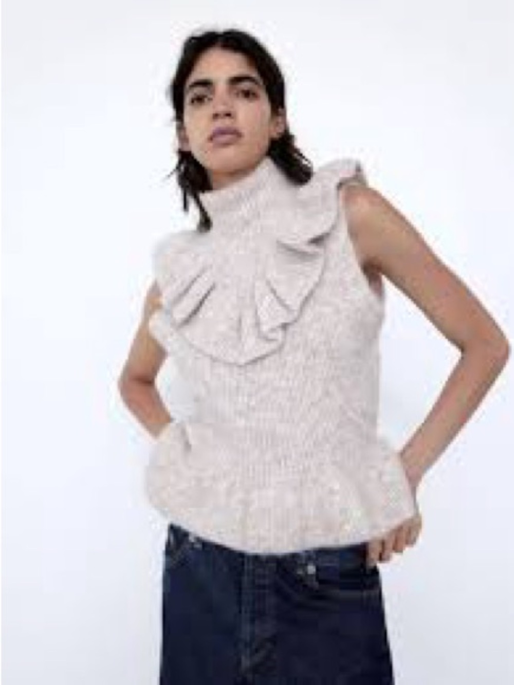 Zara Speckled Ruffle Mock Neck Peplum Knit Top Size  L